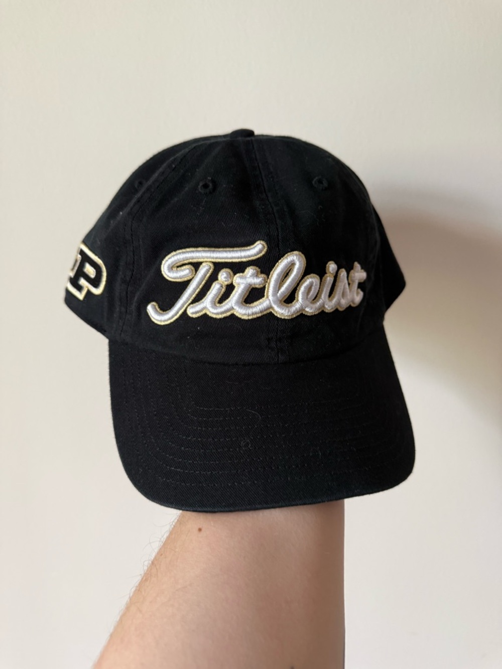 Purdue Titleist Black Golf Hat White Gold Script Logo Embroidered Adjustable Cap